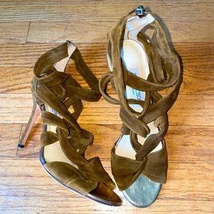 Jimmy Choo strappy olive green suede high heeled sandals